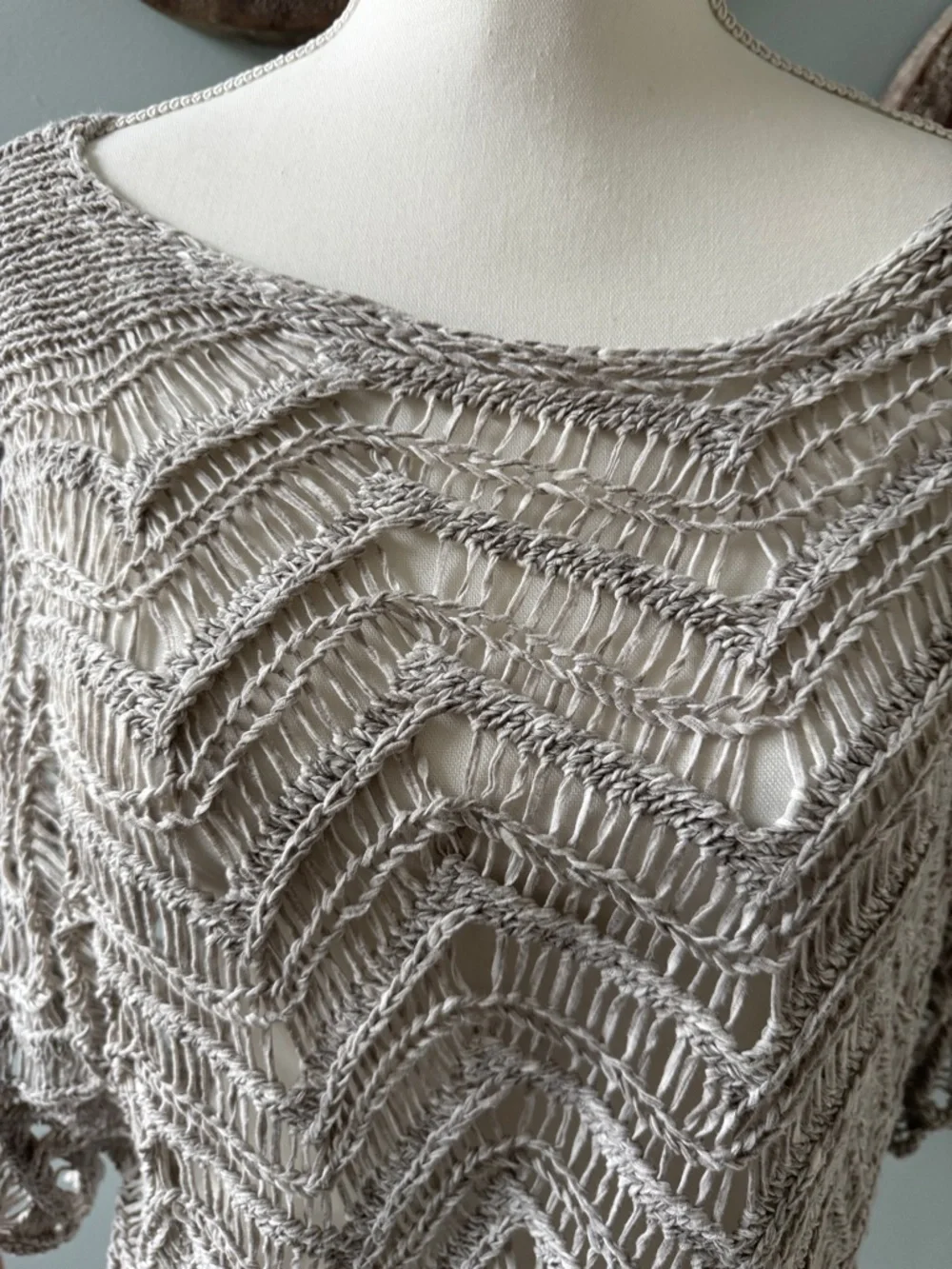Eileen Fisher Open-Knit Chevron Scoop Neck Sweater - Taupe Grayish Size XL